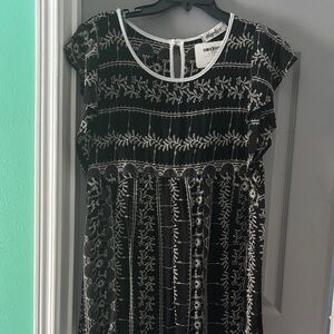 Black Embroidered Scoop-Neck with White Trim